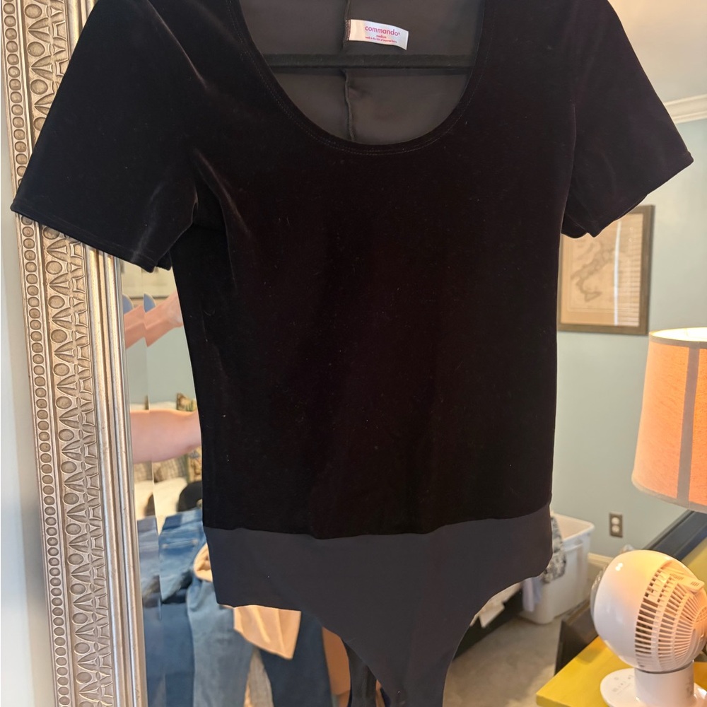 Commando Black Velvet-Like Short Sleeve Scoop Neck Bodysuit